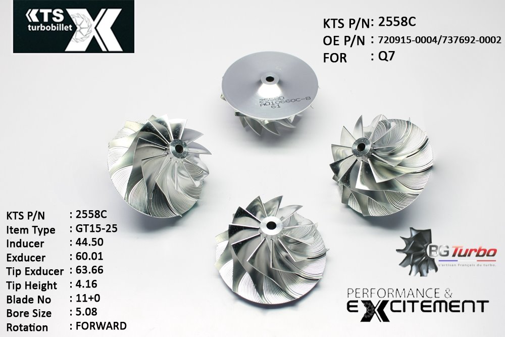 Turbo ROUE FORGÉE MFS PERFORMANCE - 11+0 PALES - INDUCER : 44,5 - EXDUCER : 60,01 - TYPE : GT15-25ANGLE : 60° - ROTATION : Forward - SUPER BACK : 3,79 - BORE SIZE : 5,08
